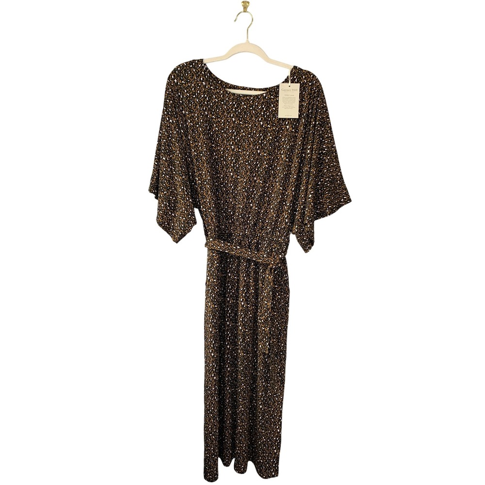 Garnet Hill Dress Women's M Brown Black Leopard Print Tencel Lyocell Midi Belted